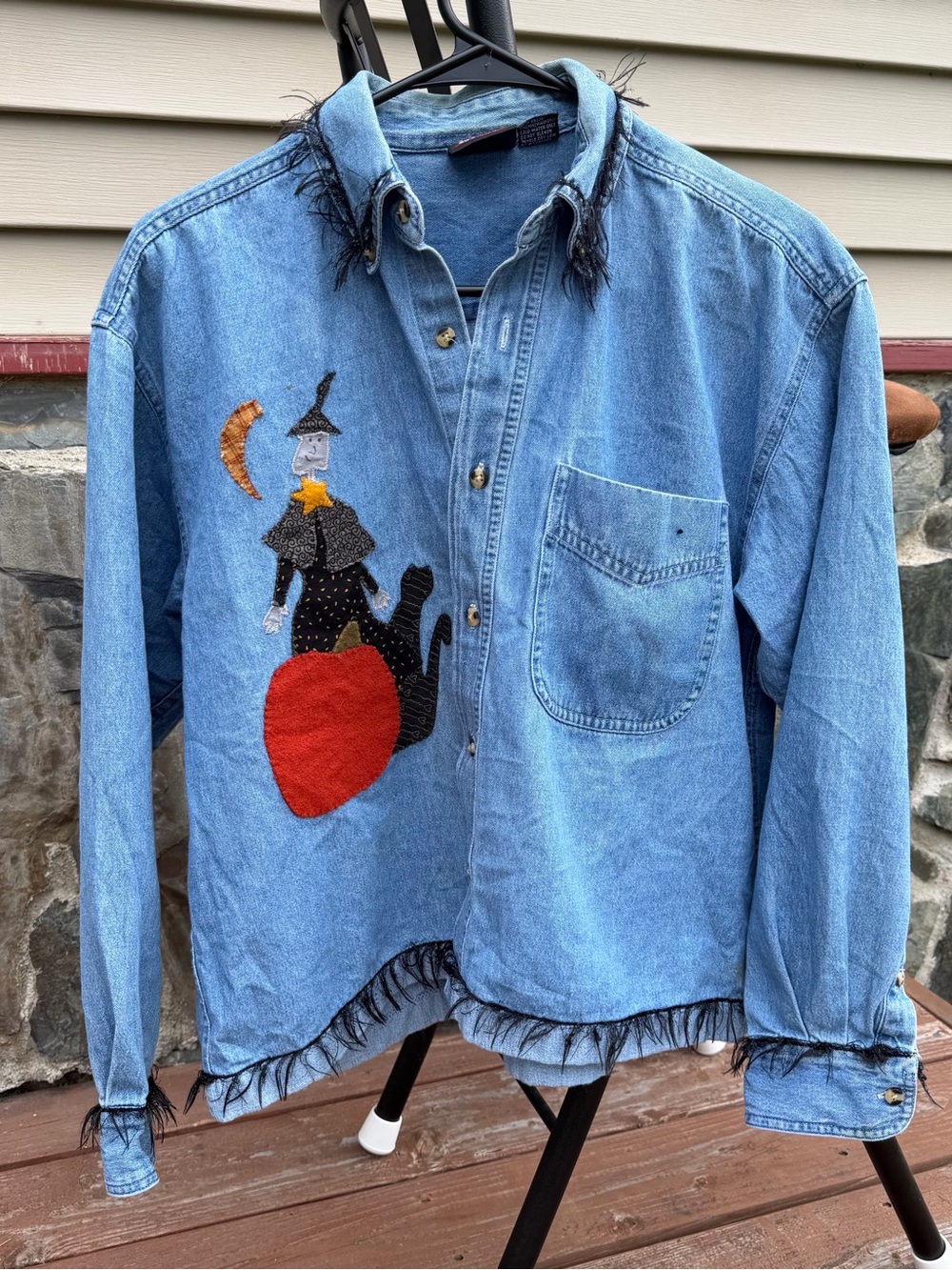Women's Small Denim Button-Down Shirt Halloween Quilted Appliqué